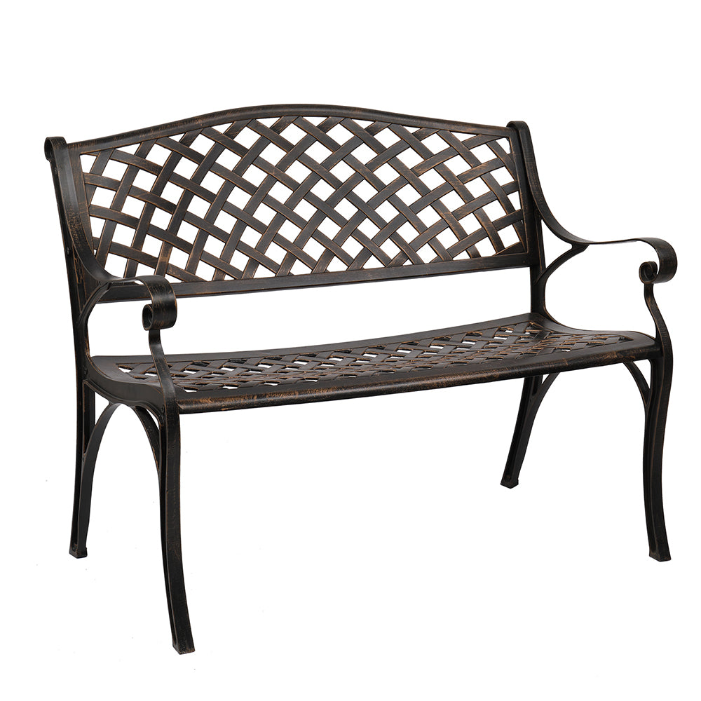 HAOYYE Outdoor Cast Aluminum Bench with Mesh Backrest and Seat Surface, Durable and Elegant Garden Bench for Patio, Porch, Backyard, or Garden, Comfortable and Stylish Seating for Relaxation