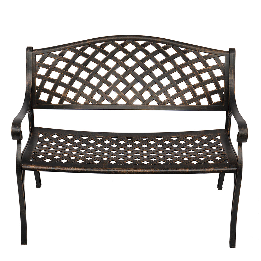 HAOYYE Outdoor Cast Aluminum Bench with Mesh Backrest and Seat Surface, Durable and Elegant Garden Bench for Patio, Porch, Backyard, or Garden, Comfortable and Stylish Seating for Relaxation