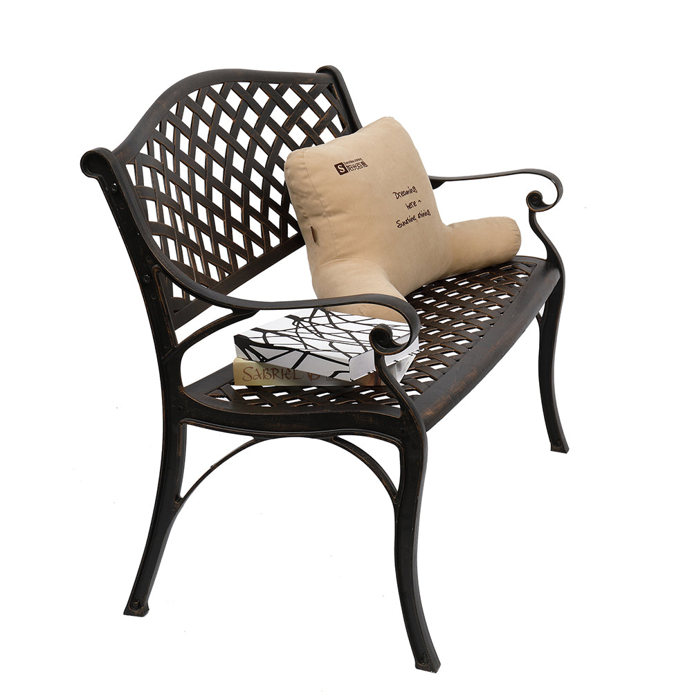 HAOYYE Outdoor Cast Aluminum Bench with Mesh Backrest and Seat Surface, Durable and Elegant Garden Bench for Patio, Porch, Backyard, or Garden, Comfortable and Stylish Seating for Relaxation