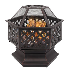 HAOYYE Hexagonal Iron Fire Pit Wood Burning Brazier with Spark Guard for Patio Backyard Poolside Outdoor Heating and Decoration Easy Assembly