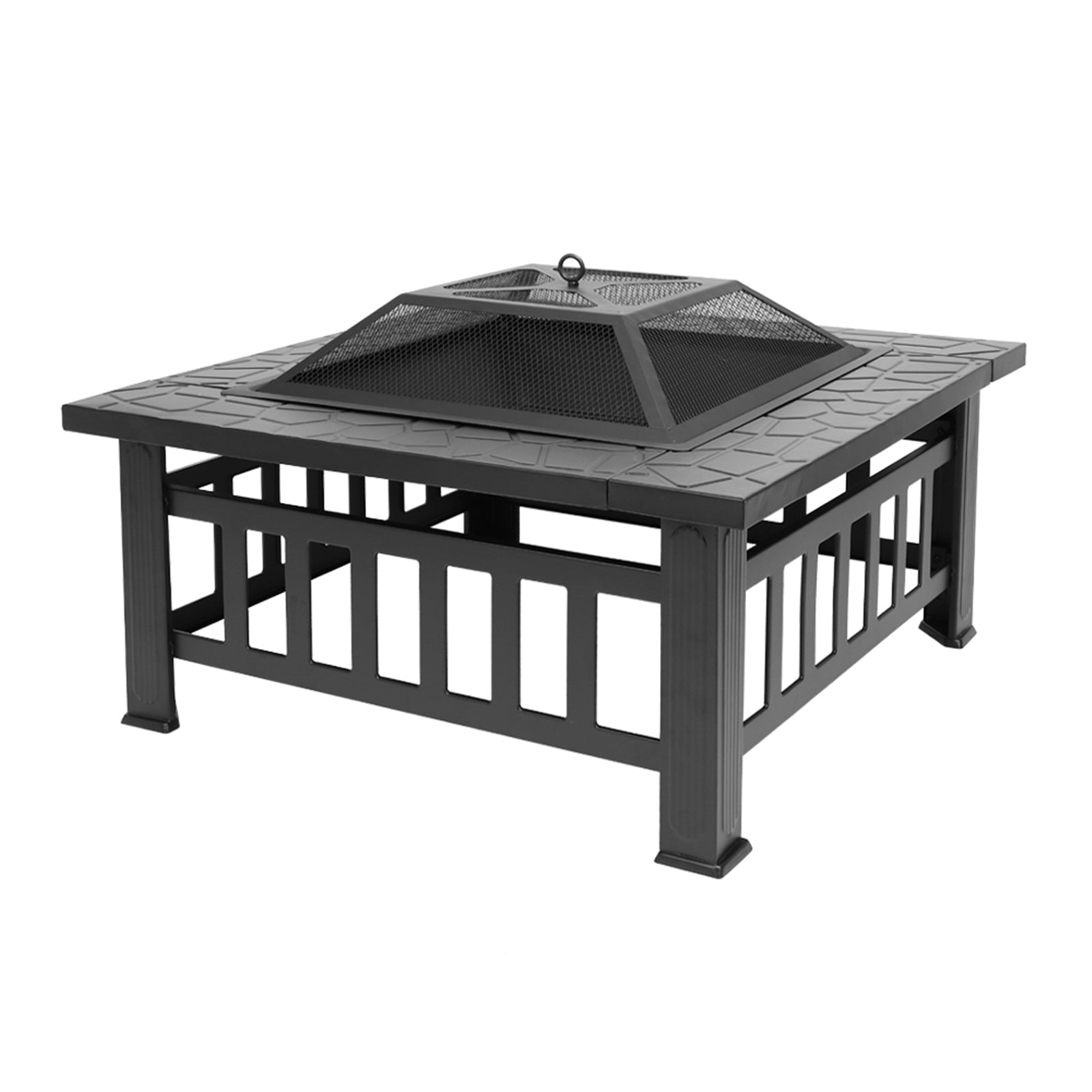 HAOYYE 32 Inch Outdoor Metal Fire Pit with Mesh Lid and Poker, Portable Square Backyard Patio Heater Brazier for Garden Courtyard Bonfire