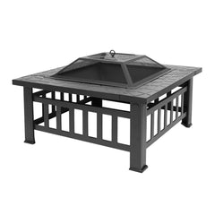 HAOYYE 32 Inch Outdoor Metal Fire Pit with Mesh Lid and Poker, Portable Square Backyard Patio Heater Brazier for Garden Courtyard Bonfire