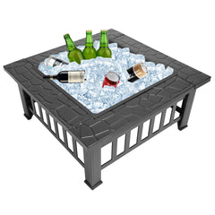 HAOYYE 32 Inch Outdoor Metal Fire Pit with Mesh Lid and Poker, Portable Square Backyard Patio Heater Brazier for Garden Courtyard Bonfire