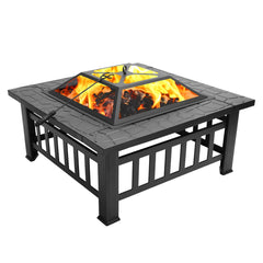 HAOYYE 32 Inch Outdoor Metal Fire Pit with Mesh Lid and Poker, Portable Square Backyard Patio Heater Brazier for Garden Courtyard Bonfire
