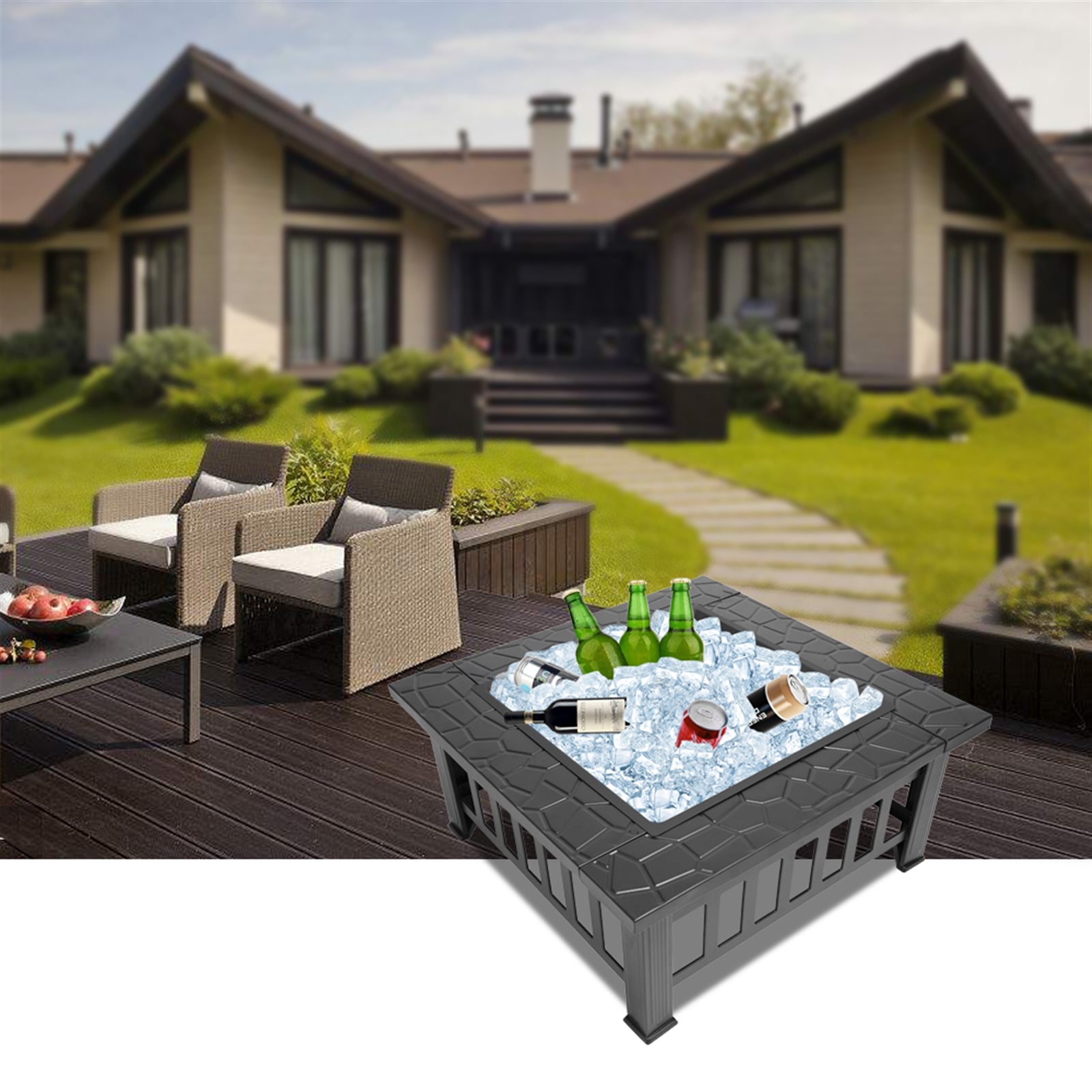 HAOYYE 32 Inch Outdoor Metal Fire Pit with Mesh Lid and Poker, Portable Square Backyard Patio Heater Brazier for Garden Courtyard Bonfire