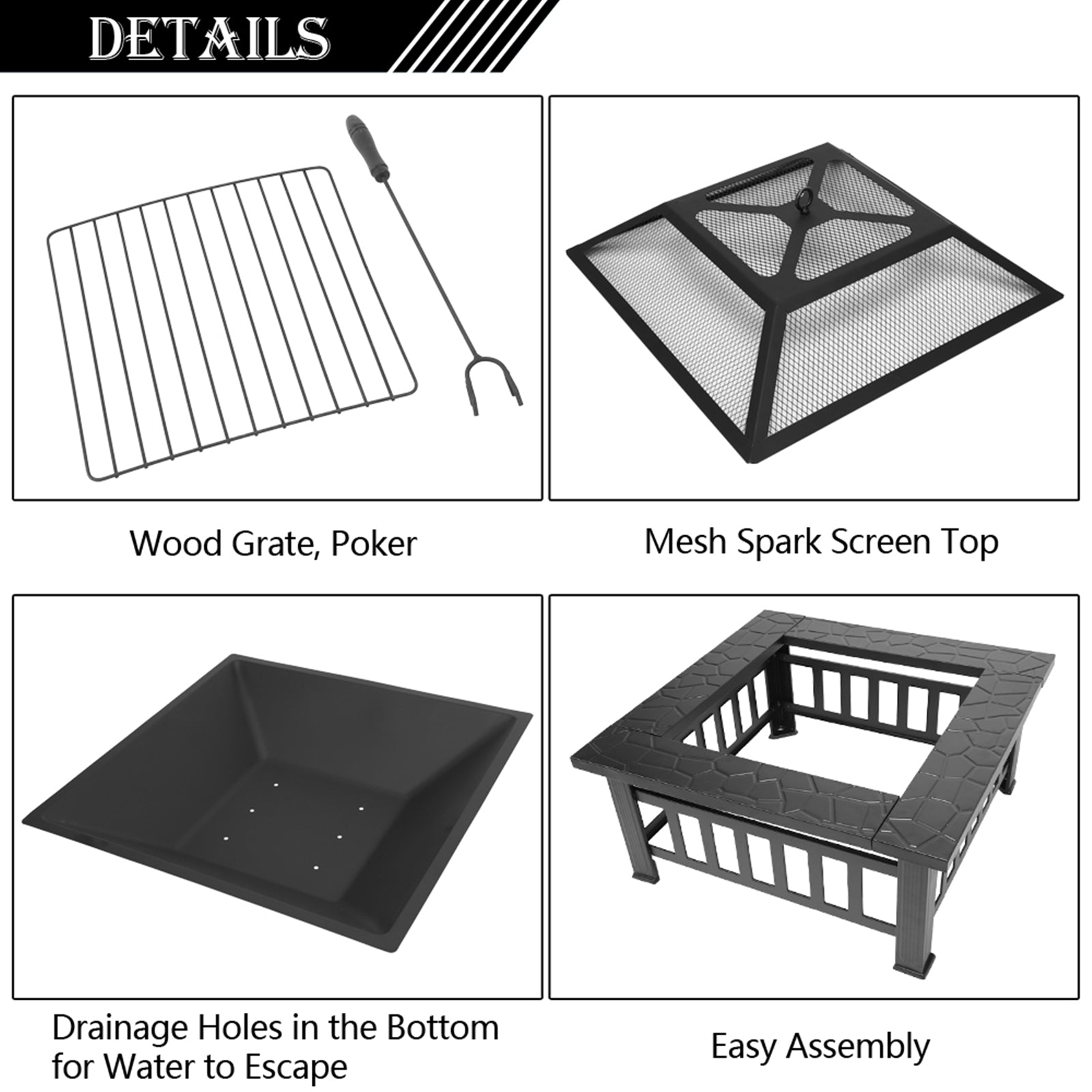 HAOYYE 32 Inch Outdoor Metal Fire Pit with Mesh Lid and Poker, Portable Square Backyard Patio Heater Brazier for Garden Courtyard Bonfire