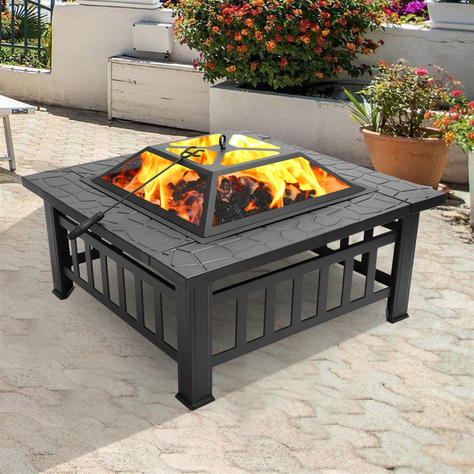 HAOYYE 32 Inch Outdoor Metal Fire Pit with Mesh Lid and Poker, Portable Square Backyard Patio Heater Brazier for Garden Courtyard Bonfire