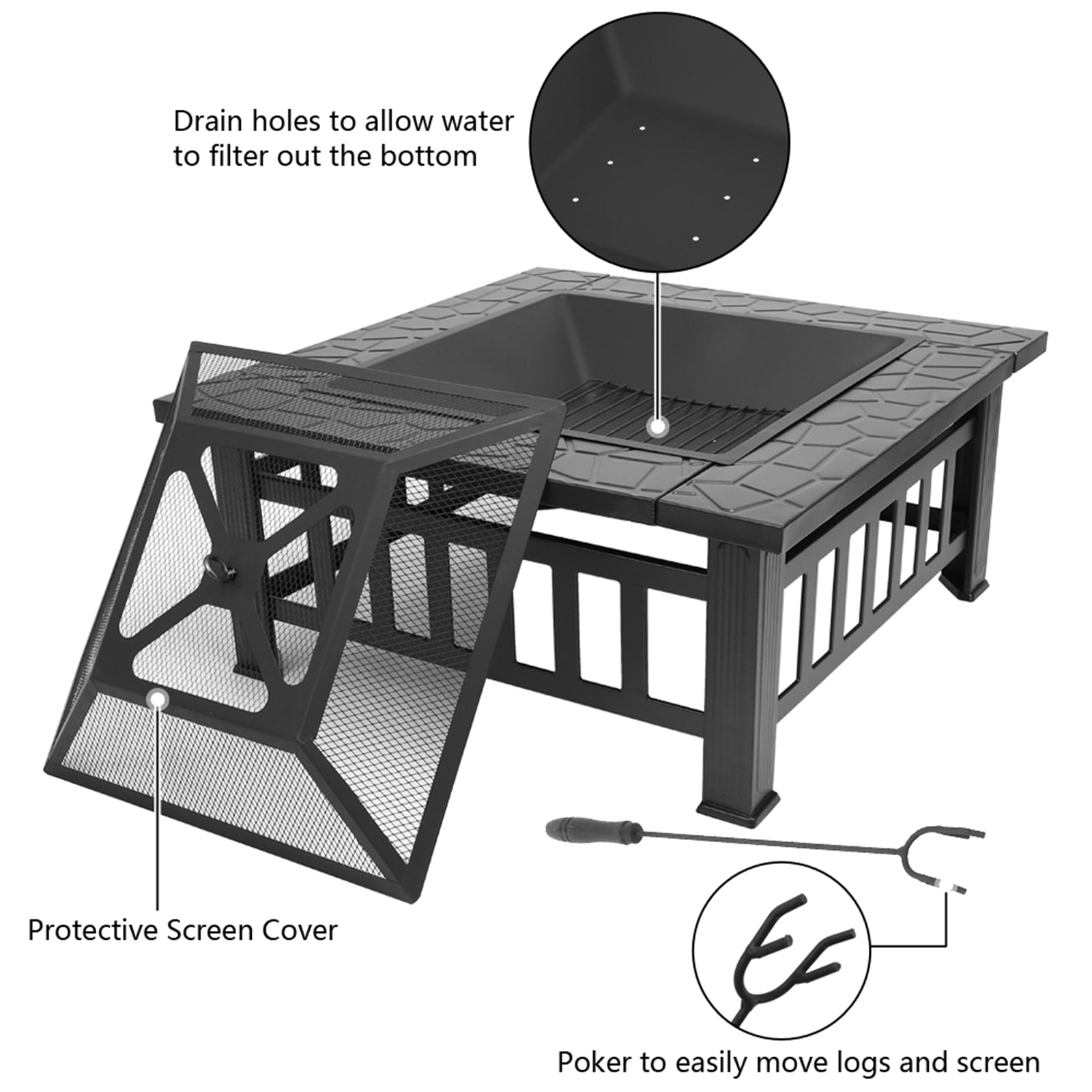 HAOYYE 32 Inch Outdoor Metal Fire Pit with Mesh Lid and Poker, Portable Square Backyard Patio Heater Brazier for Garden Courtyard Bonfire