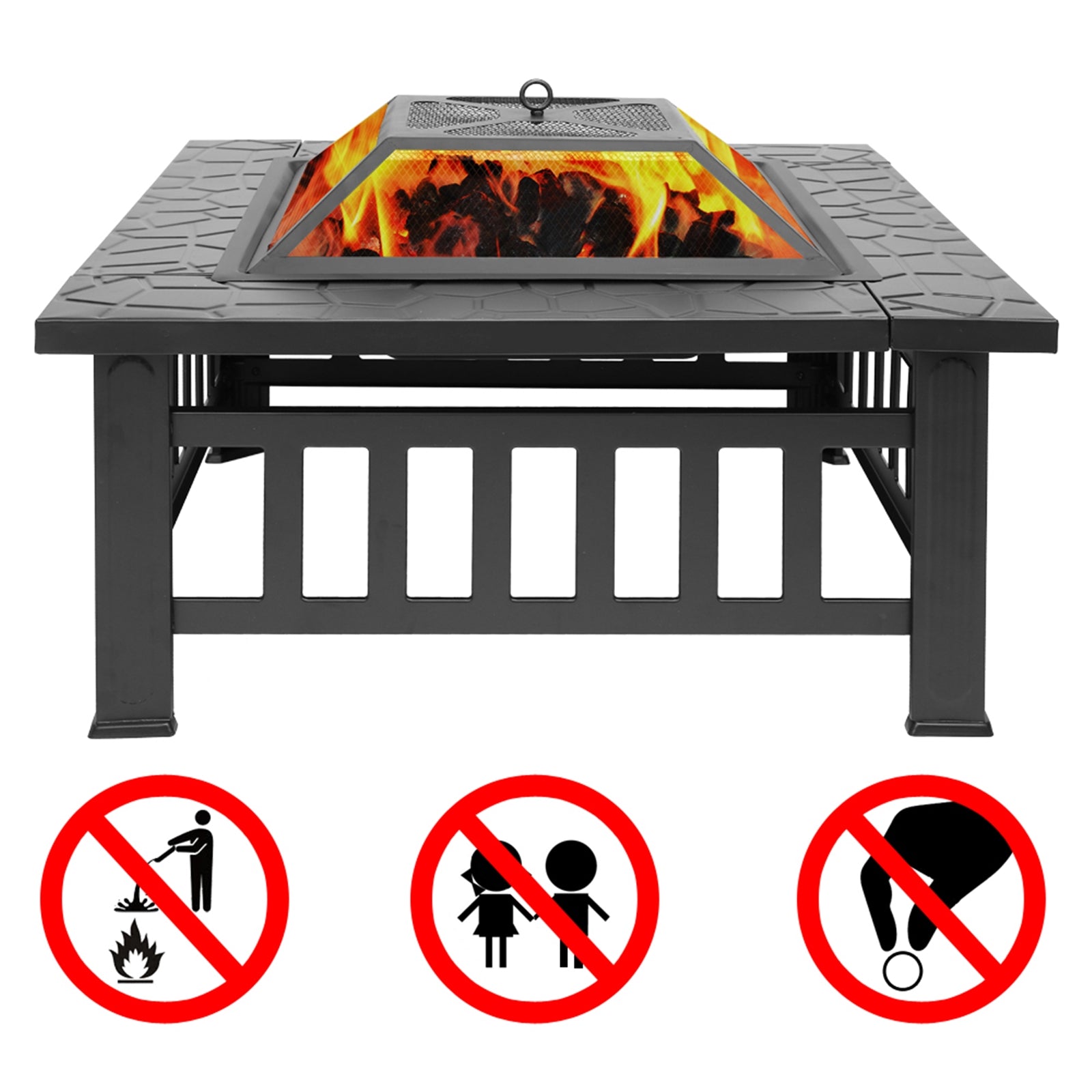 HAOYYE 32 Inch Outdoor Metal Fire Pit with Mesh Lid and Poker, Portable Square Backyard Patio Heater Brazier for Garden Courtyard Bonfire