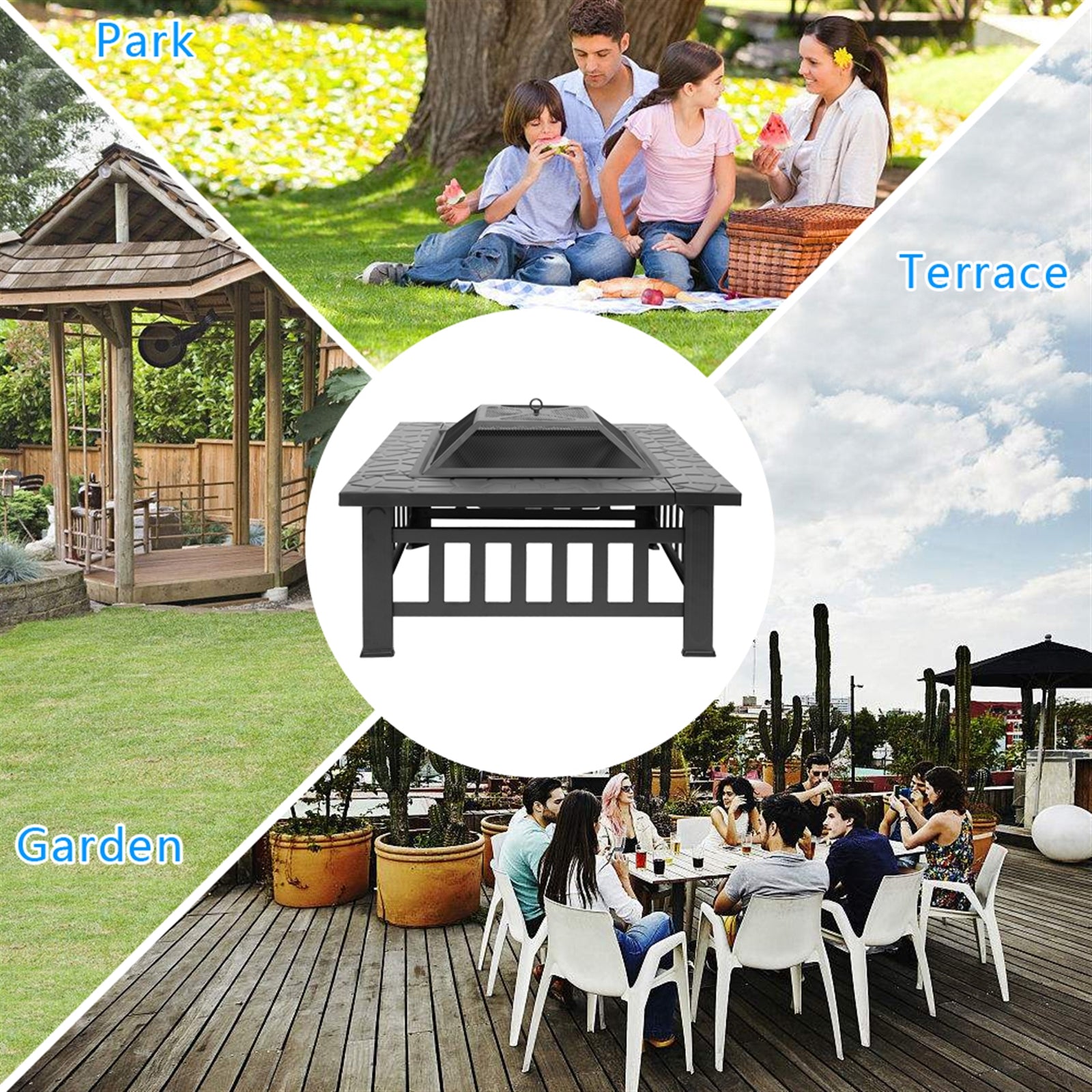 HAOYYE 32 Inch Outdoor Metal Fire Pit with Mesh Lid and Poker, Portable Square Backyard Patio Heater Brazier for Garden Courtyard Bonfire