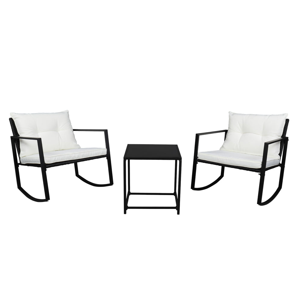 HAOYYE 3 Piece Outdoor Rocking Chair Set with Coffee Table, Black PE Rattan Patio Furniture with Tempered Glass Top and Beige Cushions, Weather Resistant Wicker Conversation Set for Balcony Garden Deck Porch
