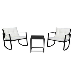 HAOYYE 3 Piece Outdoor Rocking Chair Set with Coffee Table, Black PE Rattan Patio Furniture with Tempered Glass Top and Beige Cushions, Weather Resistant Wicker Conversation Set for Balcony Garden Deck Porch