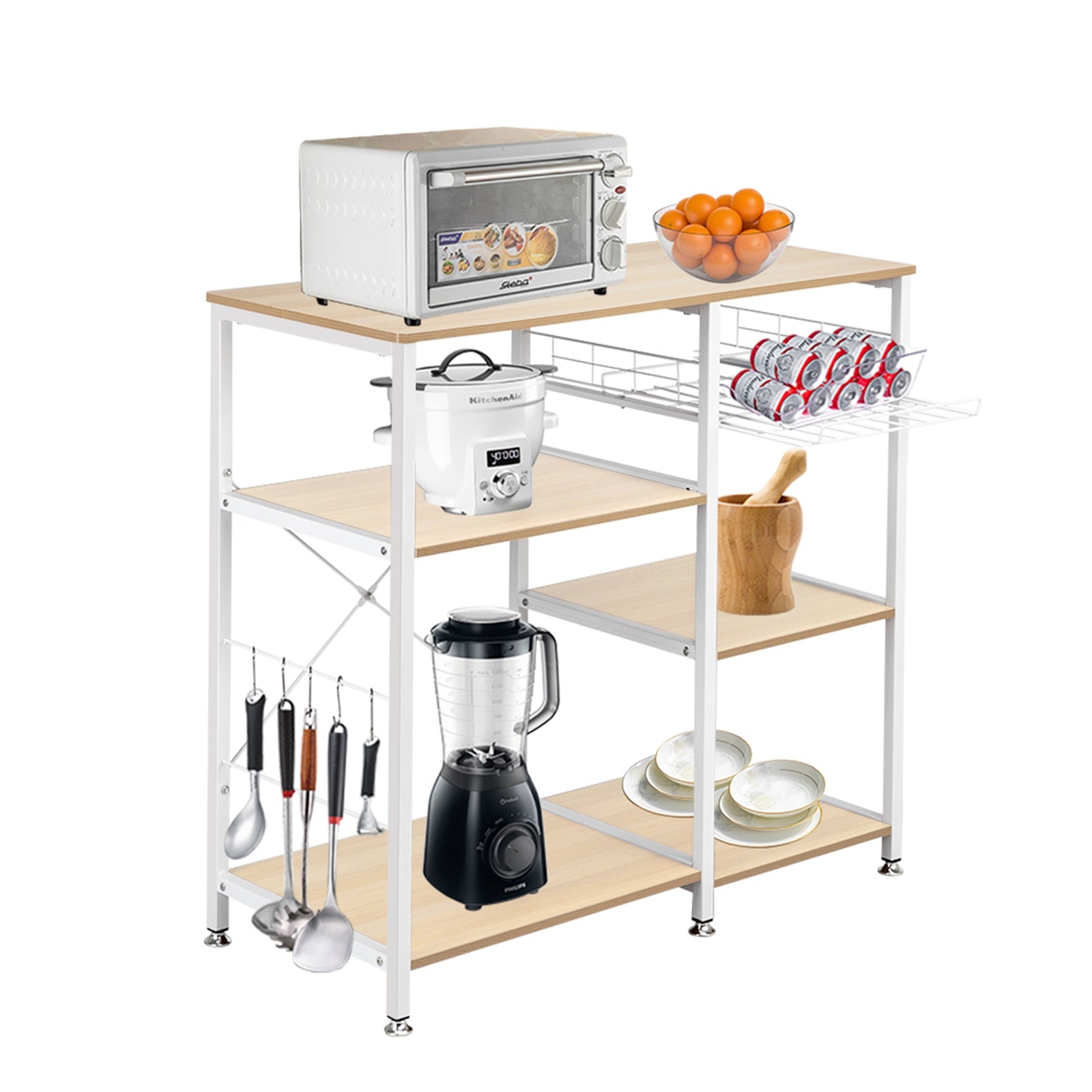 HAOYYE 3-Tier Kitchen Baker’s Rack Microwave Oven Stand Storage Cart Workstation Shelf White Oak Durable Sturdy Multifunctional Organizer Modern Home Storage Solution Space-Saving Design for Kitchen and Dining Room