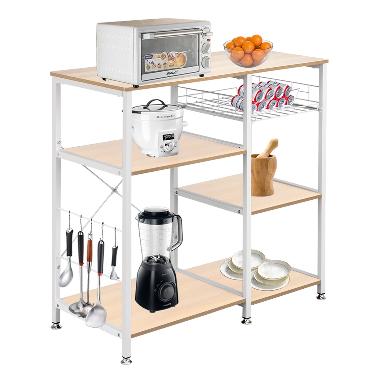 HAOYYE 3-Tier Kitchen Baker’s Rack Microwave Oven Stand Storage Cart Workstation Shelf White Oak Durable Sturdy Multifunctional Organizer Modern Home Storage Solution Space-Saving Design for Kitchen and Dining Room