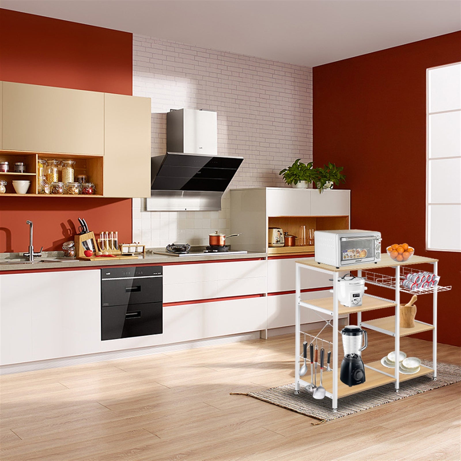 HAOYYE 3-Tier Kitchen Baker’s Rack Microwave Oven Stand Storage Cart Workstation Shelf White Oak Durable Sturdy Multifunctional Organizer Modern Home Storage Solution Space-Saving Design for Kitchen and Dining Room