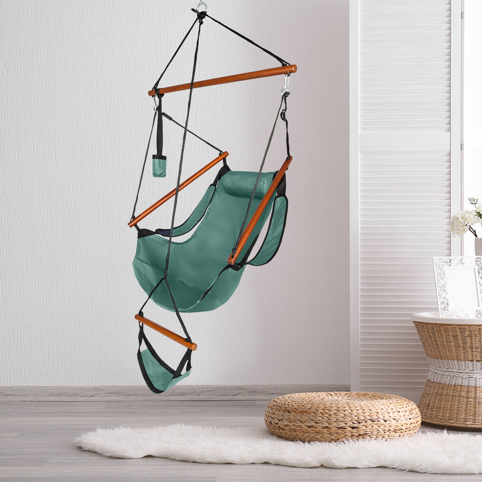 HAOYYE Oxford Cloth Hanging Chair with Wooden Spreader Bars and Cup Holder, Portable Hammock Chair for Seaside Courtyard Backyard Balcony, 100kg Weight Capacity, Modern Green Design