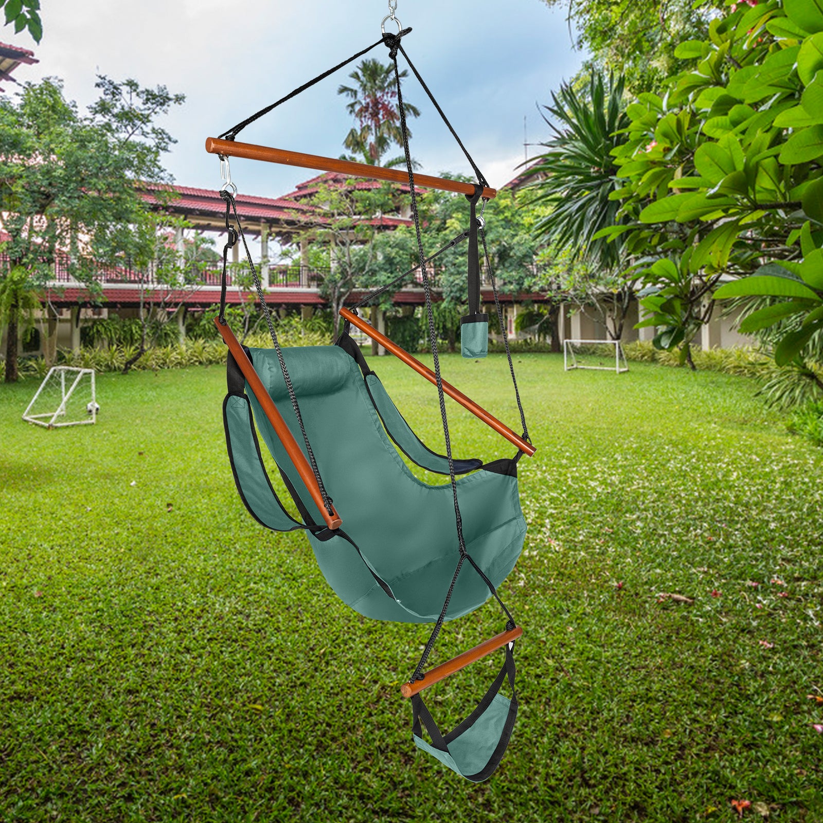 HAOYYE Oxford Cloth Hanging Chair with Wooden Spreader Bars and Cup Holder, Portable Hammock Chair for Seaside Courtyard Backyard Balcony, 100kg Weight Capacity, Modern Green Design
