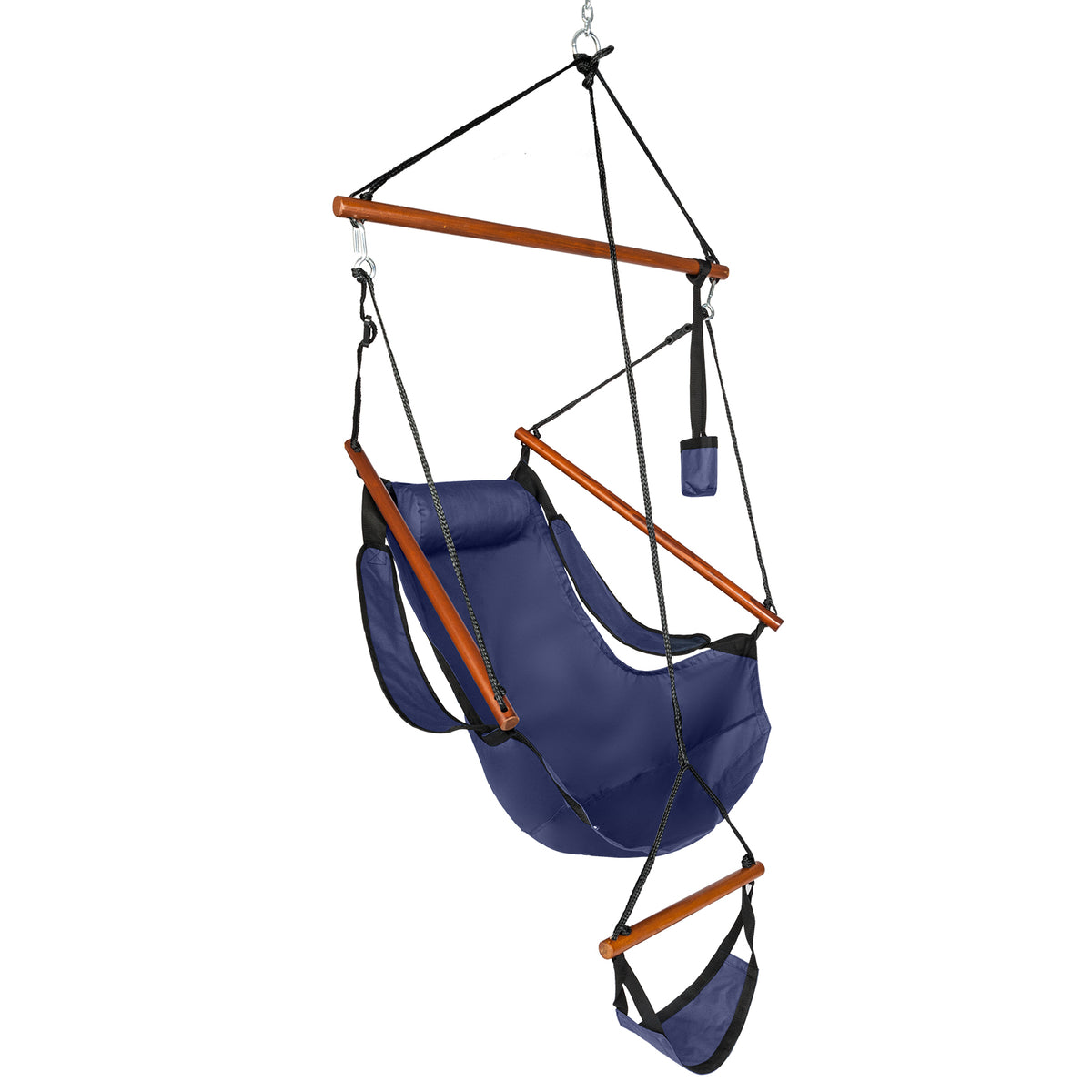 HAOYYE Outdoor Hanging Chair with Oxford Cloth Seat and Hardwood Support, Hammock Chair with Wooden Bar and Built-in Cup Holder, Portable Swing Chair for Patio Courtyard Balcony or Seaside Relaxation