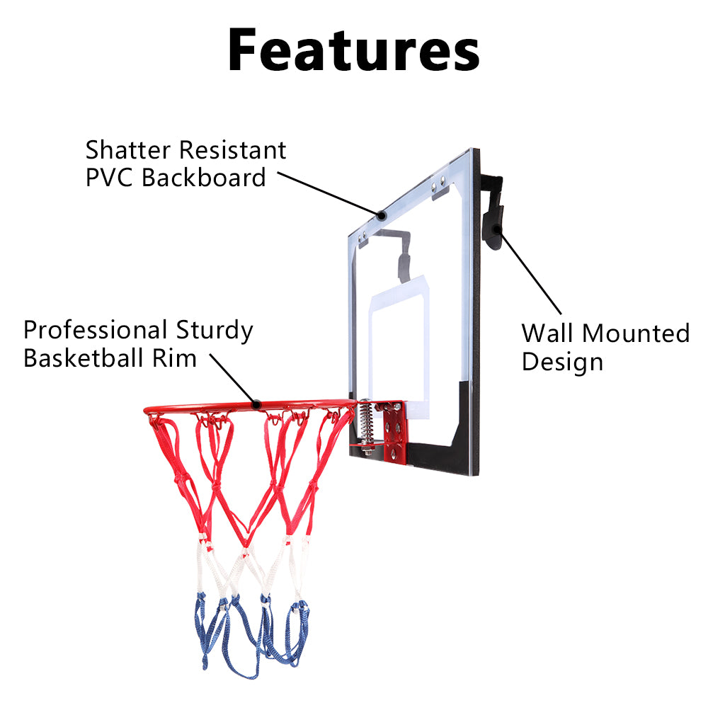HAOYYE Wall Mount Clear Basketball Backboard Set with Mini Basketball and Pump, Indoor Outdoor Shatterproof Backboard with Sturdy Mounting Brackets, Space-Saving Design for Office Bedroom Dorm Game Room, Fits Ball Diameter up to 5 Inches