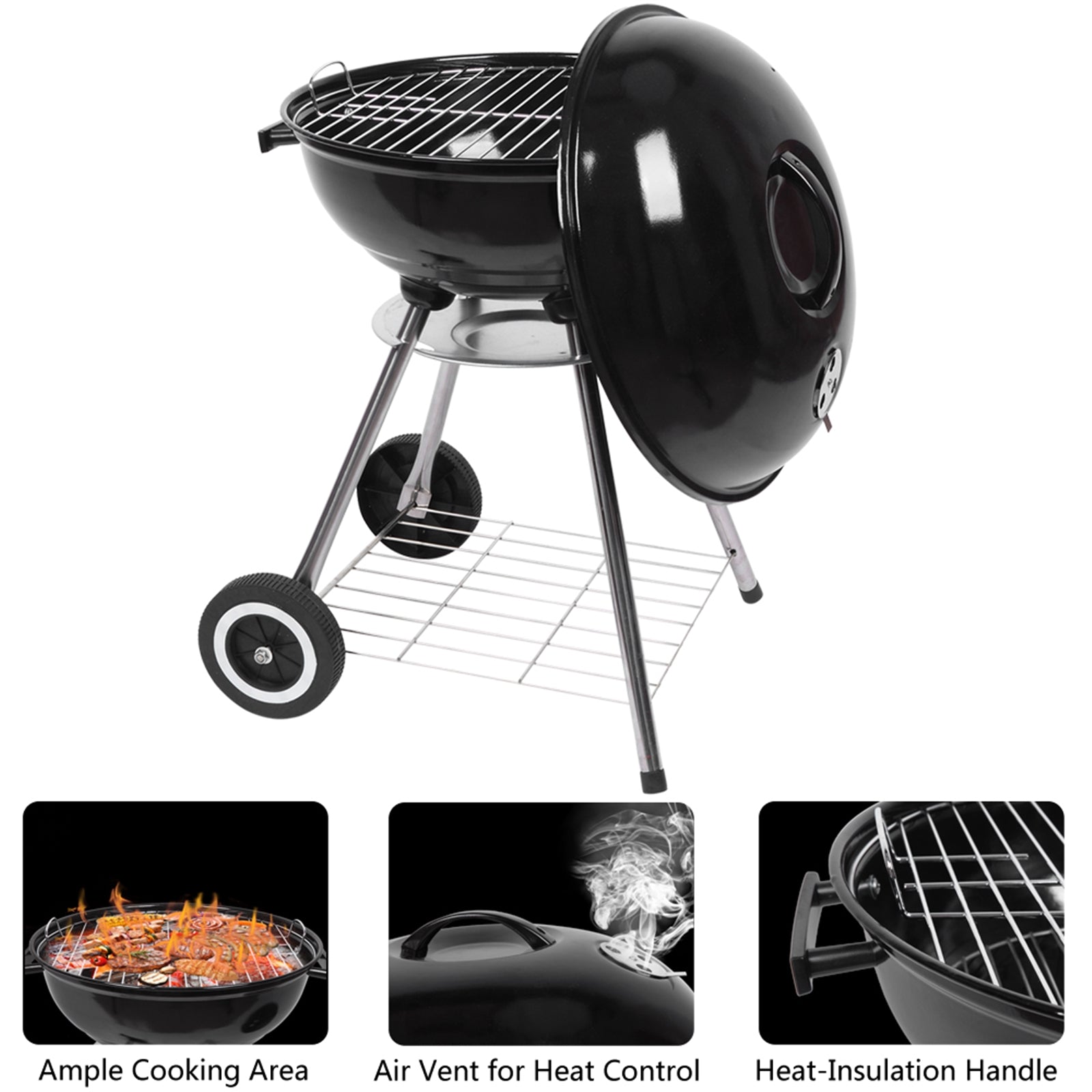 HAOYYE 18-Inch Portable Charcoal Grill with Enamel-Coated Lid and Bowl, BBQ Kettle Grill with Ash Catcher and Air Vents, Outdoor Patio Camping Stove with Wheels