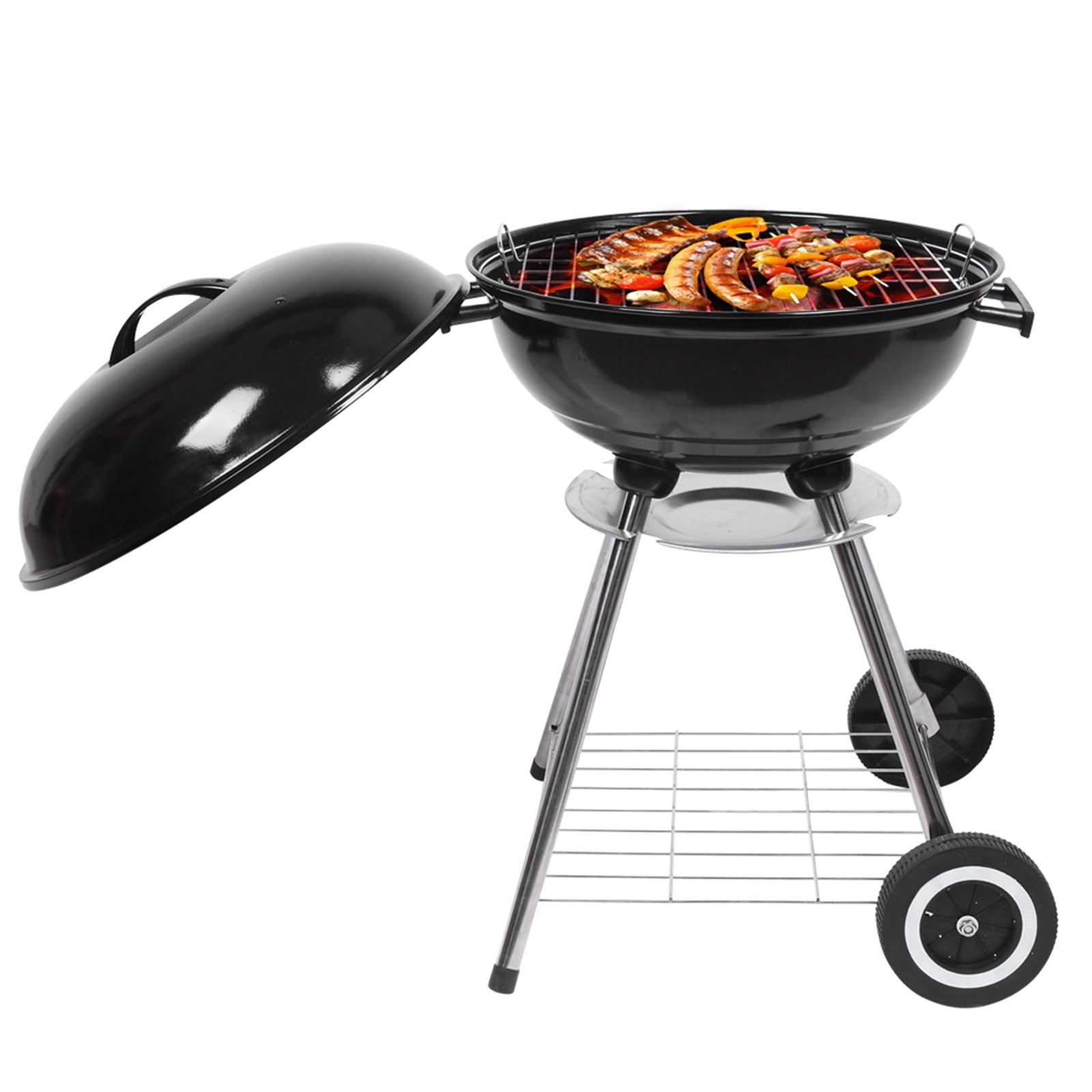HAOYYE 18-Inch Portable Charcoal Grill with Enamel-Coated Lid and Bowl, BBQ Kettle Grill with Ash Catcher and Air Vents, Outdoor Patio Camping Stove with Wheels