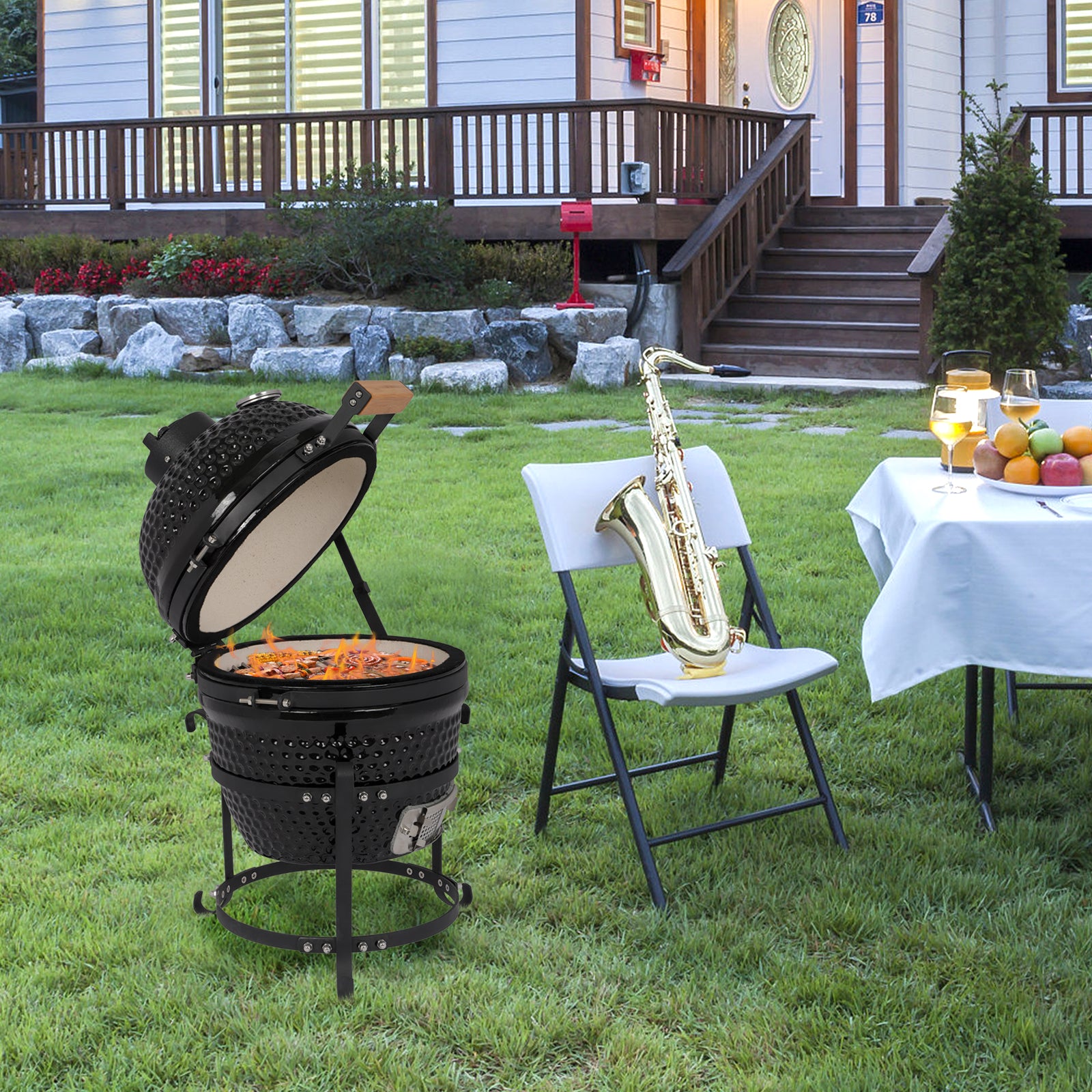 HAOYYE 13-Inch Round Ceramic Charcoal Grill Black, Durable Outdoor BBQ Cooker with Adjustable Vents, Heat-Resistant Design for Perfect Smoking and Grilling Experience