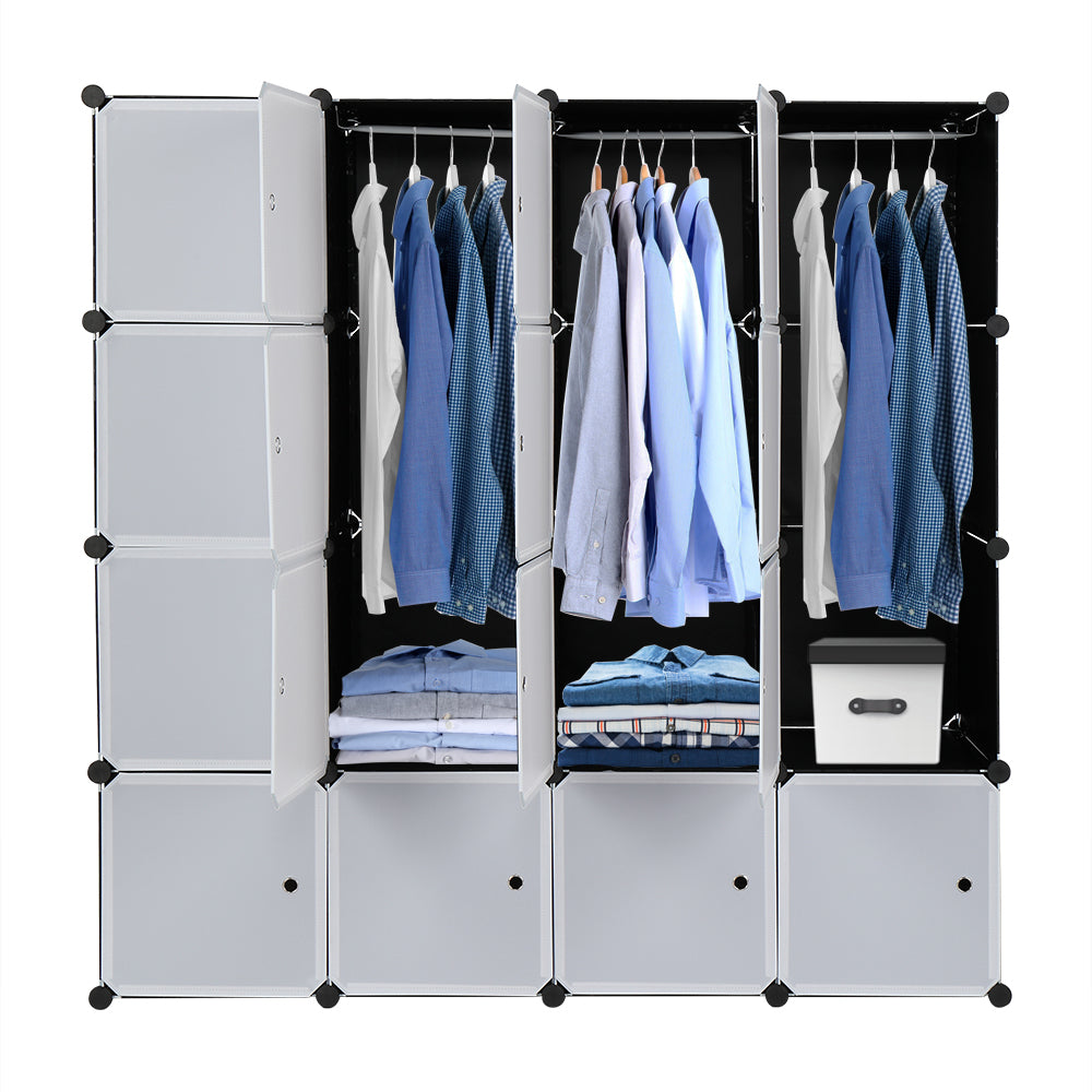 HAOYYE 16-Cube Modular Closet Cabinet, Stackable Plastic Storage Shelves With Hanging Rods, Durable Design, Space-Saving Organizer For Clothes, Shoes, And Accessories