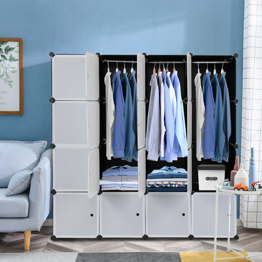 HAOYYE 16-Cube Modular Closet Cabinet, Stackable Plastic Storage Shelves With Hanging Rods, Durable Design, Space-Saving Organizer For Clothes, Shoes, And Accessories