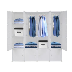 DE Direct HAOYYE 4-Layer 16 Cube Organizer Stackable Plastic Storage Shelves with Steel Wire Frame and 3 Clothes Rails Modular Closet Cabinet Free Assembly White Durable and Space-Saving Storage Solution