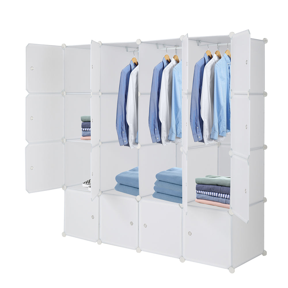 DE Direct HAOYYE 4-Layer 16 Cube Organizer Stackable Plastic Storage Shelves with Steel Wire Frame and 3 Clothes Rails Modular Closet Cabinet Free Assembly White Durable and Space-Saving Storage Solution