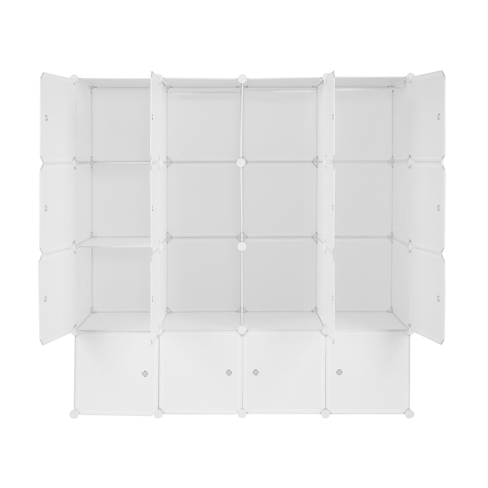 DE Direct HAOYYE 4-Layer 16 Cube Organizer Stackable Plastic Storage Shelves with Steel Wire Frame and 3 Clothes Rails Modular Closet Cabinet Free Assembly White Durable and Space-Saving Storage Solution