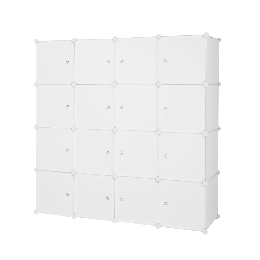 DE Direct HAOYYE 4-Layer 16 Cube Organizer Stackable Plastic Storage Shelves with Steel Wire Frame and 3 Clothes Rails Modular Closet Cabinet Free Assembly White Durable and Space-Saving Storage Solution