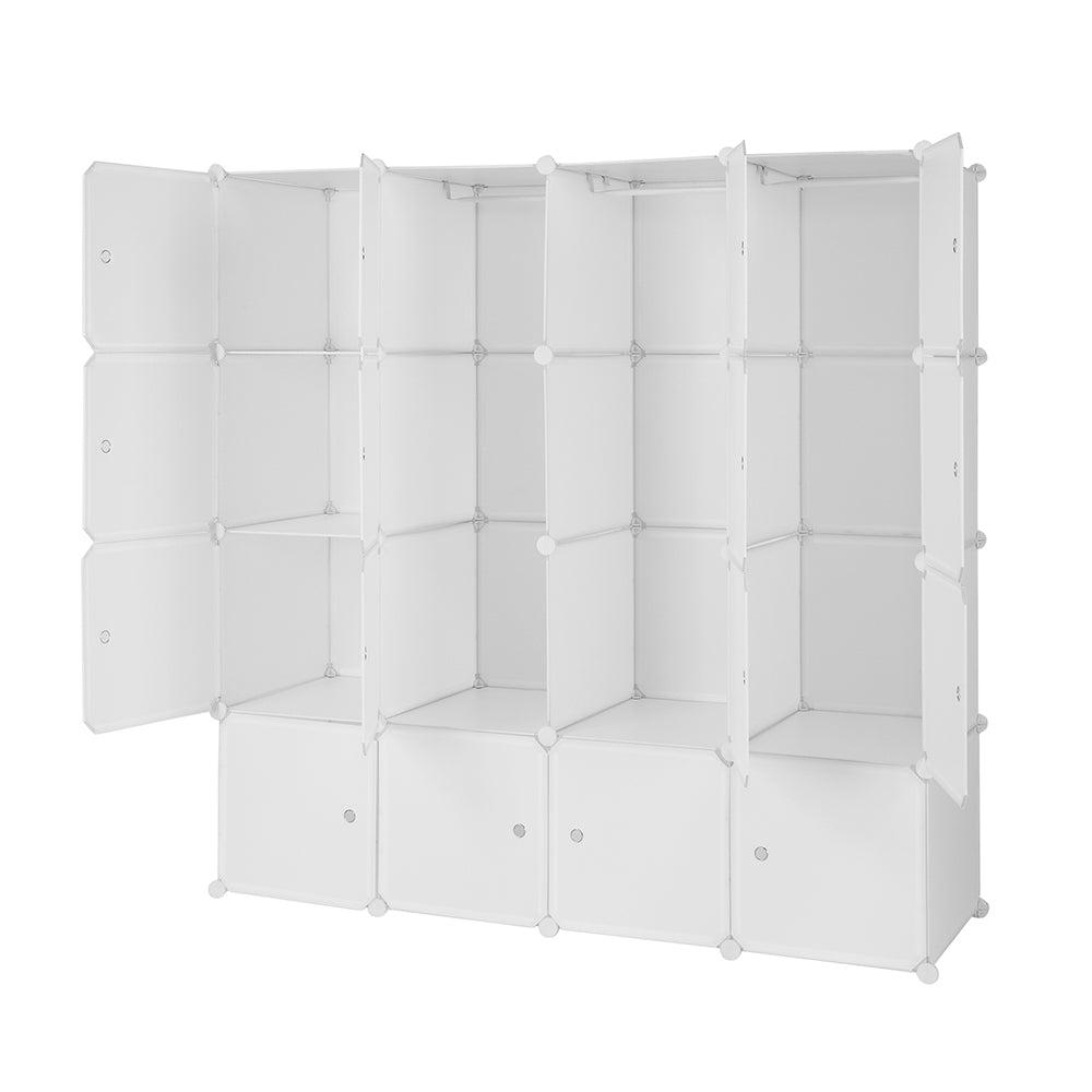 DE Direct HAOYYE 4-Layer 16 Cube Organizer Stackable Plastic Storage Shelves with Steel Wire Frame and 3 Clothes Rails Modular Closet Cabinet Free Assembly White Durable and Space-Saving Storage Solution