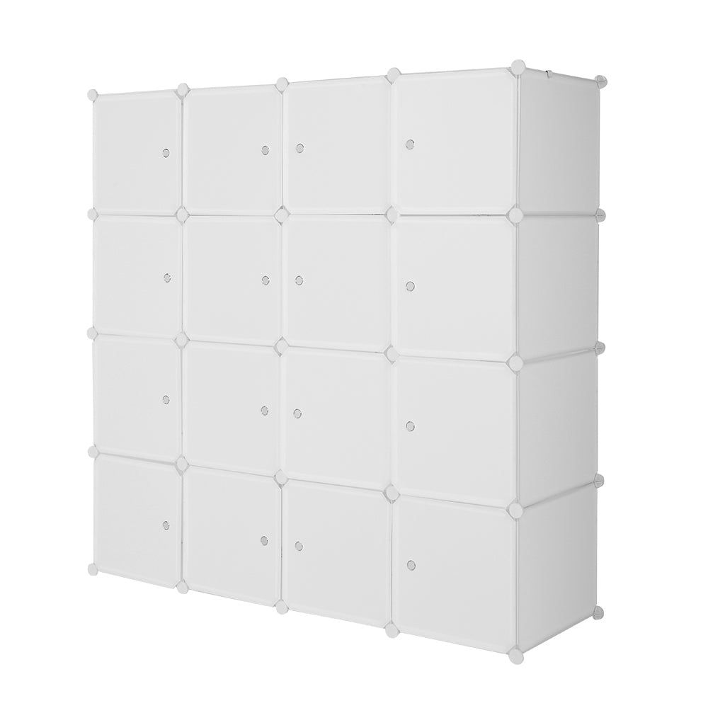 DE Direct HAOYYE 4-Layer 16 Cube Organizer Stackable Plastic Storage Shelves with Steel Wire Frame and 3 Clothes Rails Modular Closet Cabinet Free Assembly White Durable and Space-Saving Storage Solution