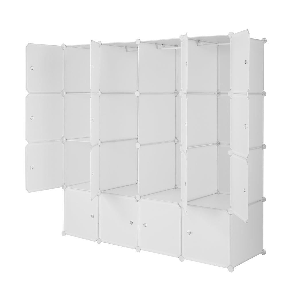 DE Direct HAOYYE 4-Layer 16 Cube Organizer Stackable Plastic Storage Shelves with Steel Wire Frame and 3 Clothes Rails Modular Closet Cabinet Free Assembly White Durable and Space-Saving Storage Solution