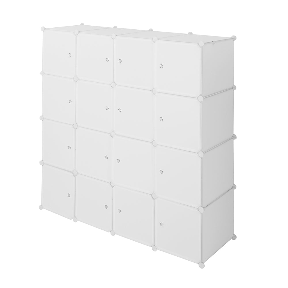 DE Direct HAOYYE 4-Layer 16 Cube Organizer Stackable Plastic Storage Shelves with Steel Wire Frame and 3 Clothes Rails Modular Closet Cabinet Free Assembly White Durable and Space-Saving Storage Solution