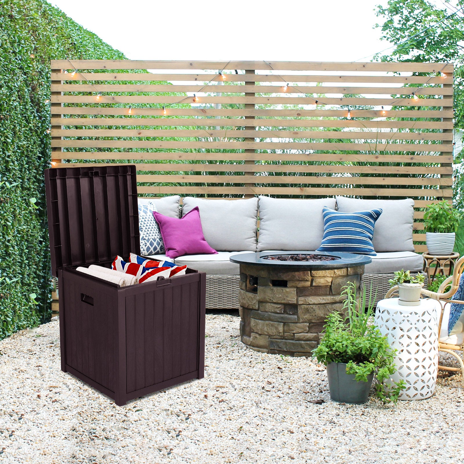 HAOYYE Outdoor Garden Storage Deck Box with Waterproof Plastic Construction, Large 51-Gallon Capacity Chest for Tools Cushions Toys and Patio Essentials, Durable Weather Resistant Storage Container with Seating Function