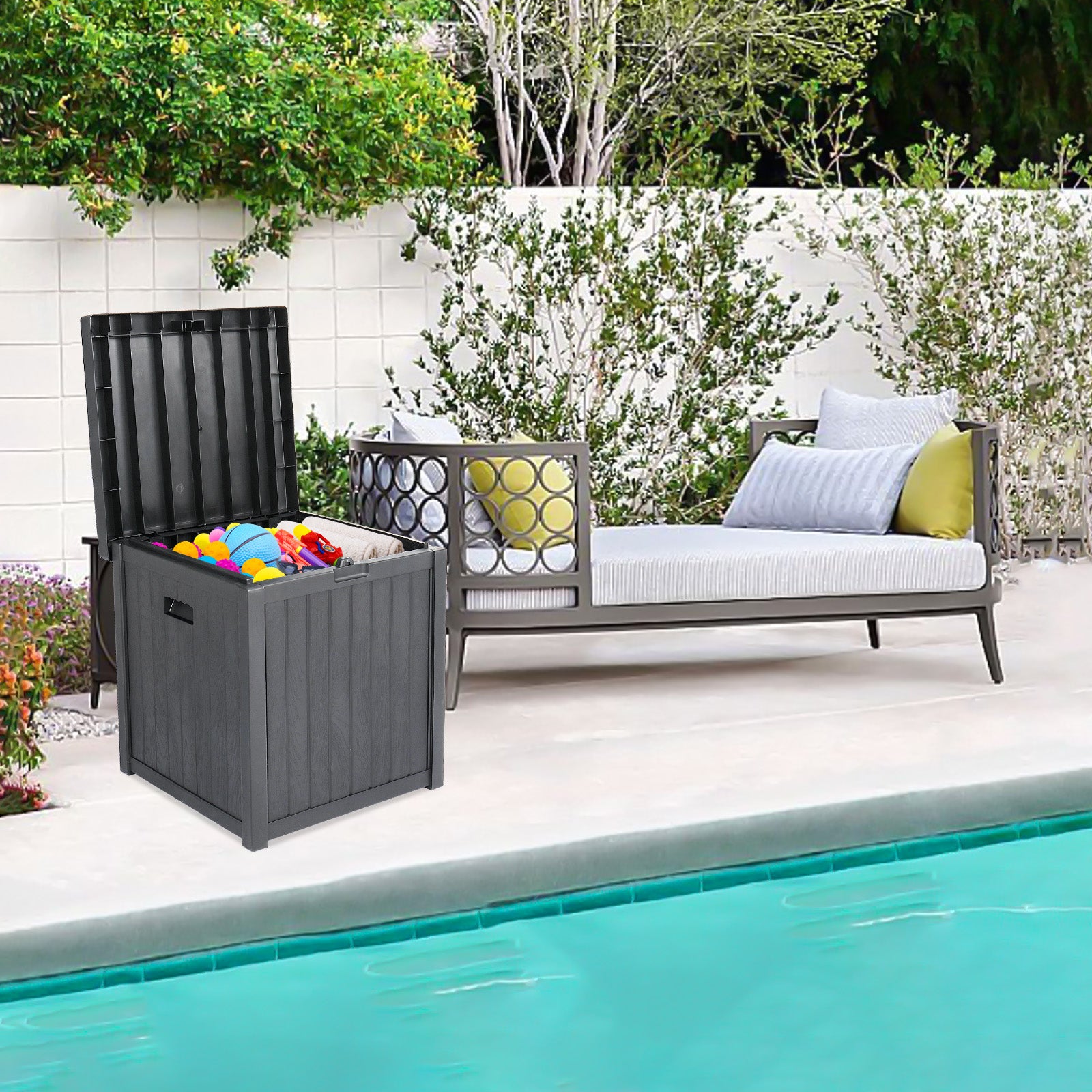 HAOYYE Outdoor Garden Storage Deck Box with Lockable Lid and Waterproof Plastic Construction, 51 Gallon Large Capacity Chest for Tools Cushions Toys and Patio Supplies, Durable Weather Resistant Seating Container