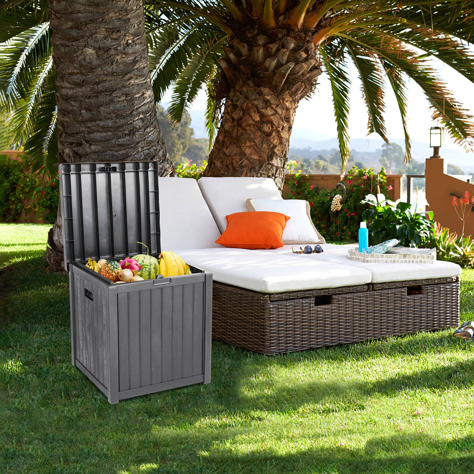 HAOYYE Outdoor Garden Storage Deck Box with Lockable Lid and Waterproof Plastic Construction, 51 Gallon Large Capacity Chest for Tools Cushions Toys and Patio Supplies, Durable Weather Resistant Seating Container
