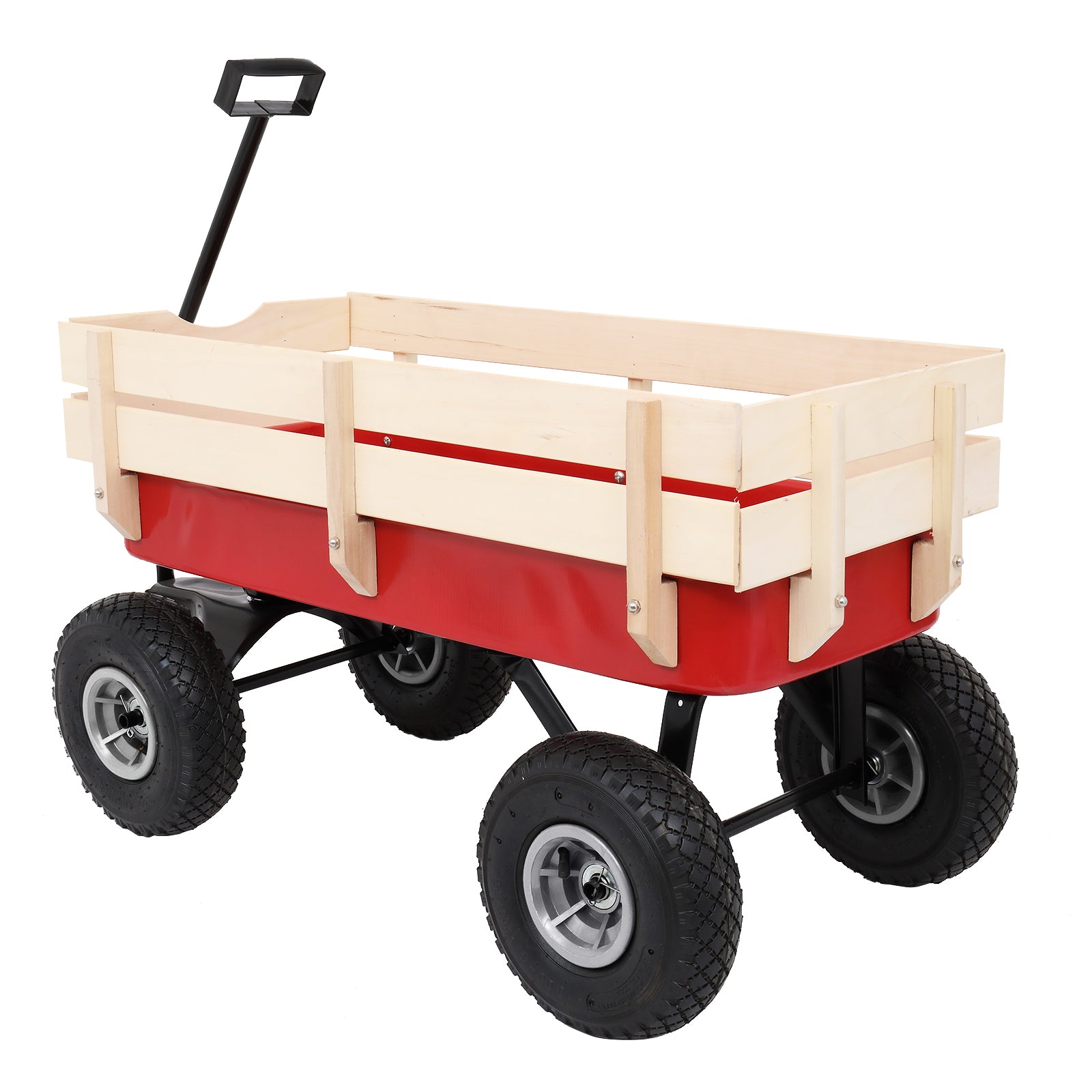 HAOYYE Garden Wagon Cart with 4 Wheels, Heavy Duty Steel Utility Wagon for Lawn Yard Farm Patio, Lightweight Red Iron Wood Pull Cart for Transporting Tools Plants and Supplies