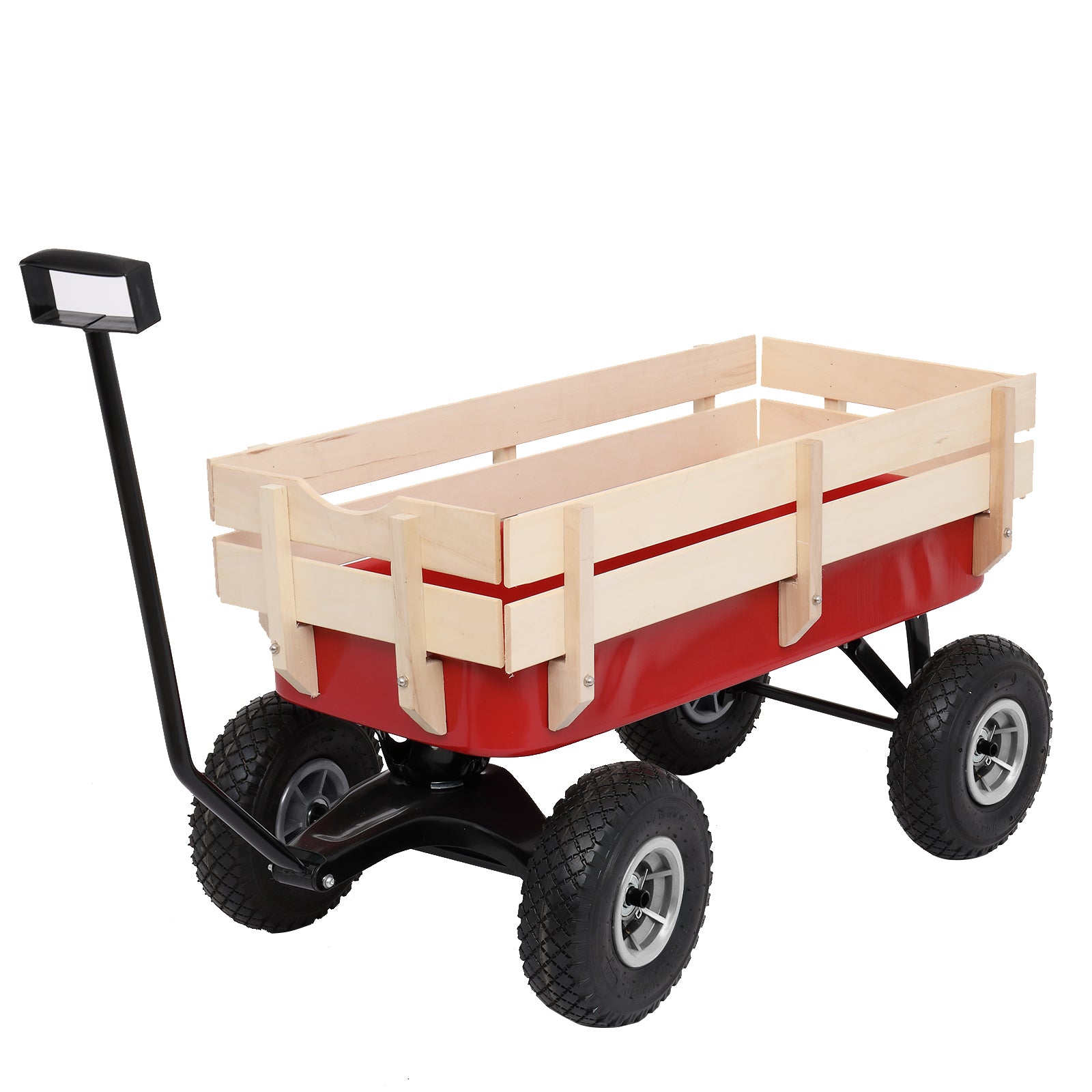 HAOYYE Garden Wagon Cart with 4 Wheels, Heavy Duty Steel Utility Wagon for Lawn Yard Farm Patio, Lightweight Red Iron Wood Pull Cart for Transporting Tools Plants and Supplies