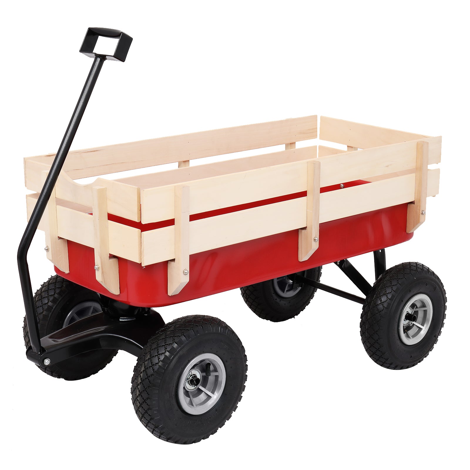 HAOYYE Garden Wagon Cart with 4 Wheels, Heavy Duty Steel Utility Wagon for Lawn Yard Farm Patio, Lightweight Red Iron Wood Pull Cart for Transporting Tools Plants and Supplies
