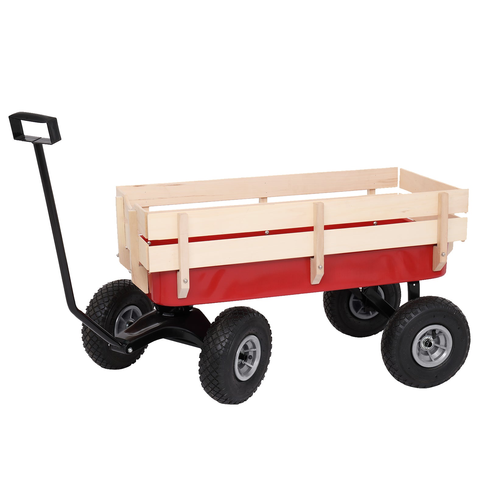 HAOYYE Garden Wagon Cart with 4 Wheels, Heavy Duty Steel Utility Wagon for Lawn Yard Farm Patio, Lightweight Red Iron Wood Pull Cart for Transporting Tools Plants and Supplies