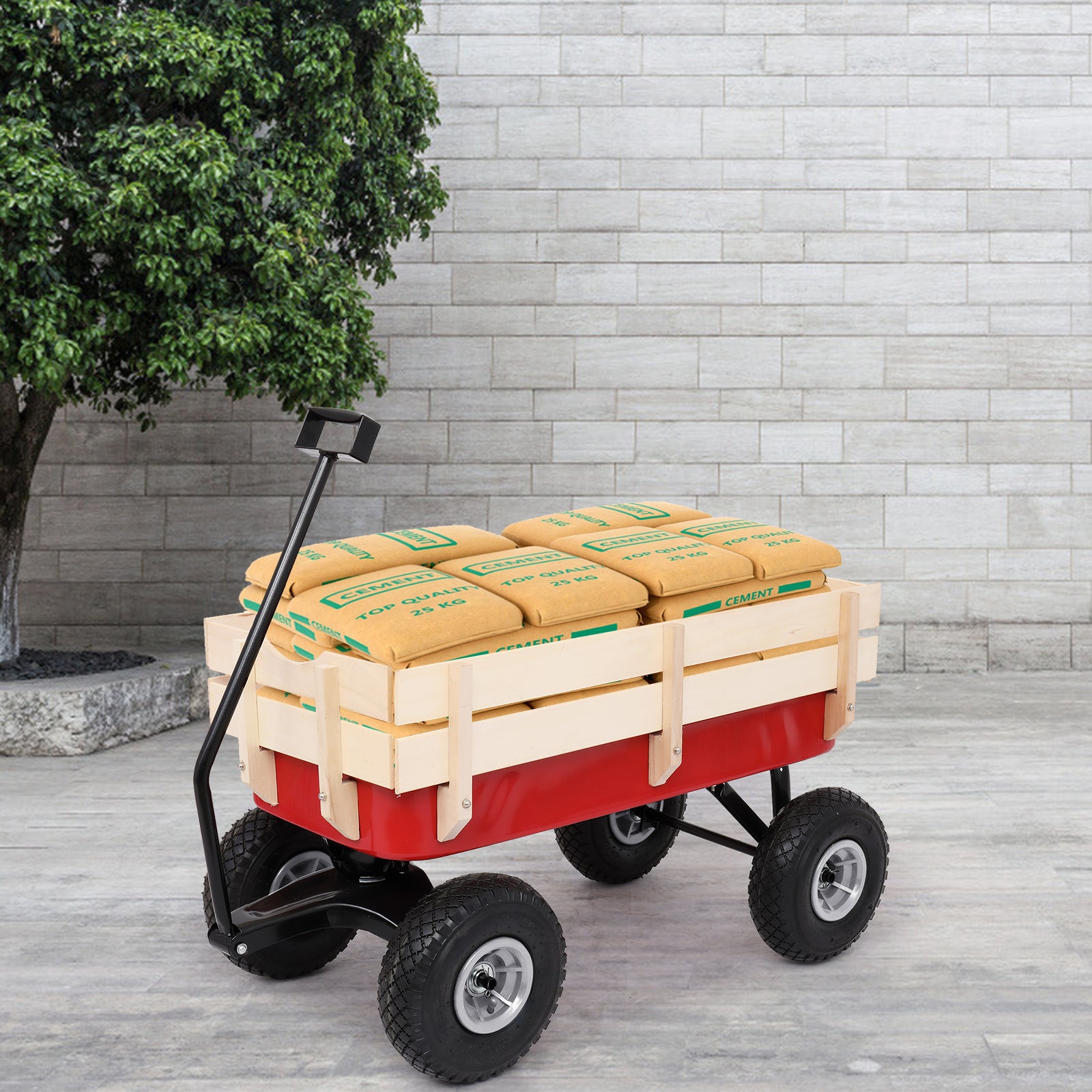 HAOYYE Garden Wagon Cart with 4 Wheels, Heavy Duty Steel Utility Wagon for Lawn Yard Farm Patio, Lightweight Red Iron Wood Pull Cart for Transporting Tools Plants and Supplies