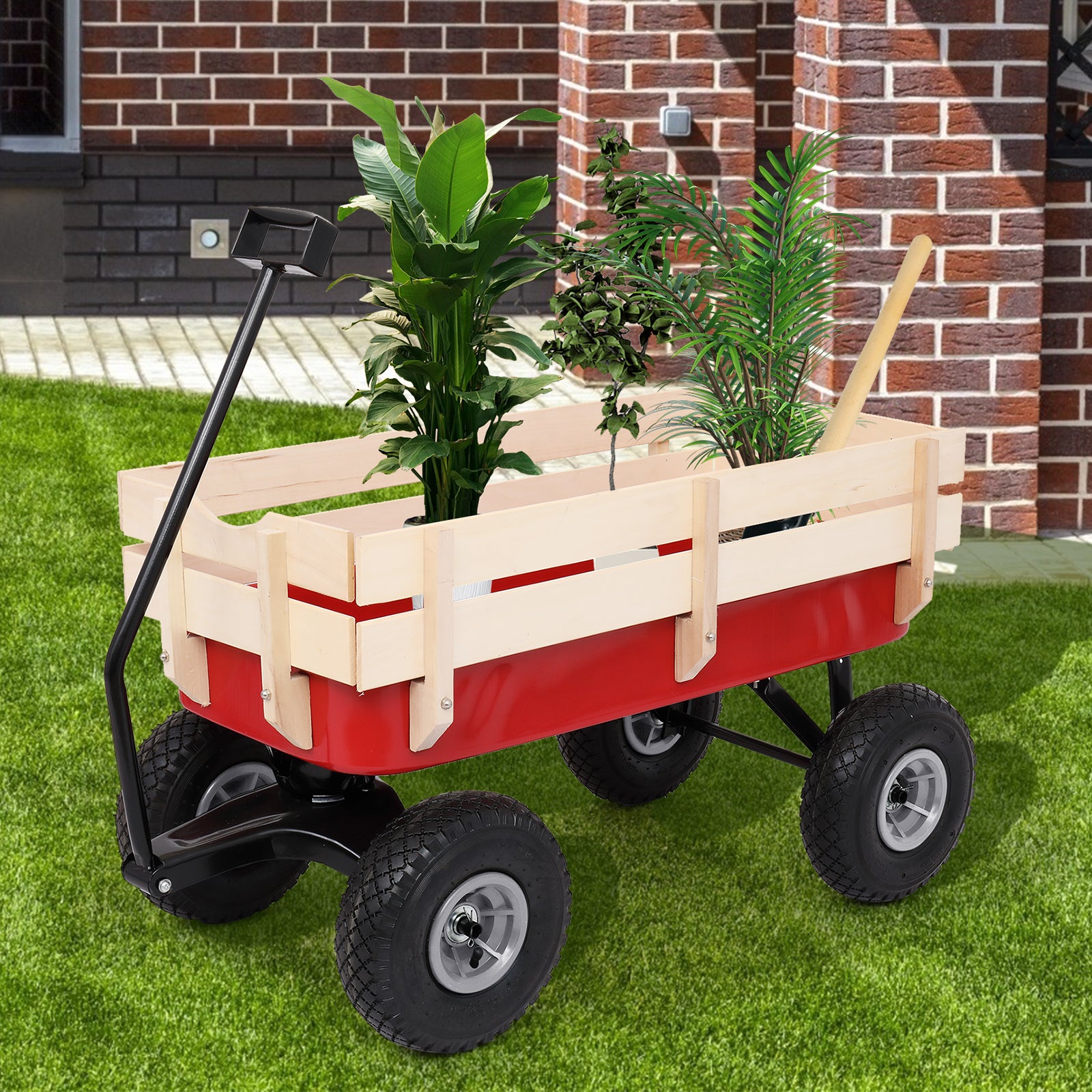 HAOYYE Garden Wagon Cart with 4 Wheels, Heavy Duty Steel Utility Wagon for Lawn Yard Farm Patio, Lightweight Red Iron Wood Pull Cart for Transporting Tools Plants and Supplies
