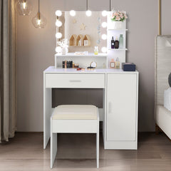HAOYYE Large Vanity Set with LED Bulbs Makeup Table, Cushioned Stool, Multiple Storage Shelves, Drawer and Cabinet, Elegant Dressing Table Desk for Bedroom and Personal Use