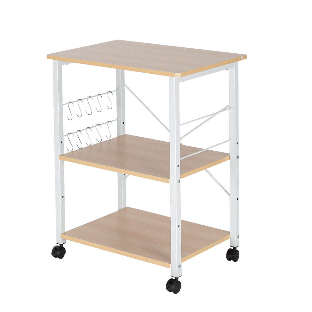 HAOYYE Baker’s Rack 3-Tier Kitchen Utility Microwave Oven Stand Storage Cart Workstation Shelf Light Beige Top White Metal Frame Durable Sturdy Multifunctional Modern Home Organizer Space-Saving Storage Solution for Kitchen
