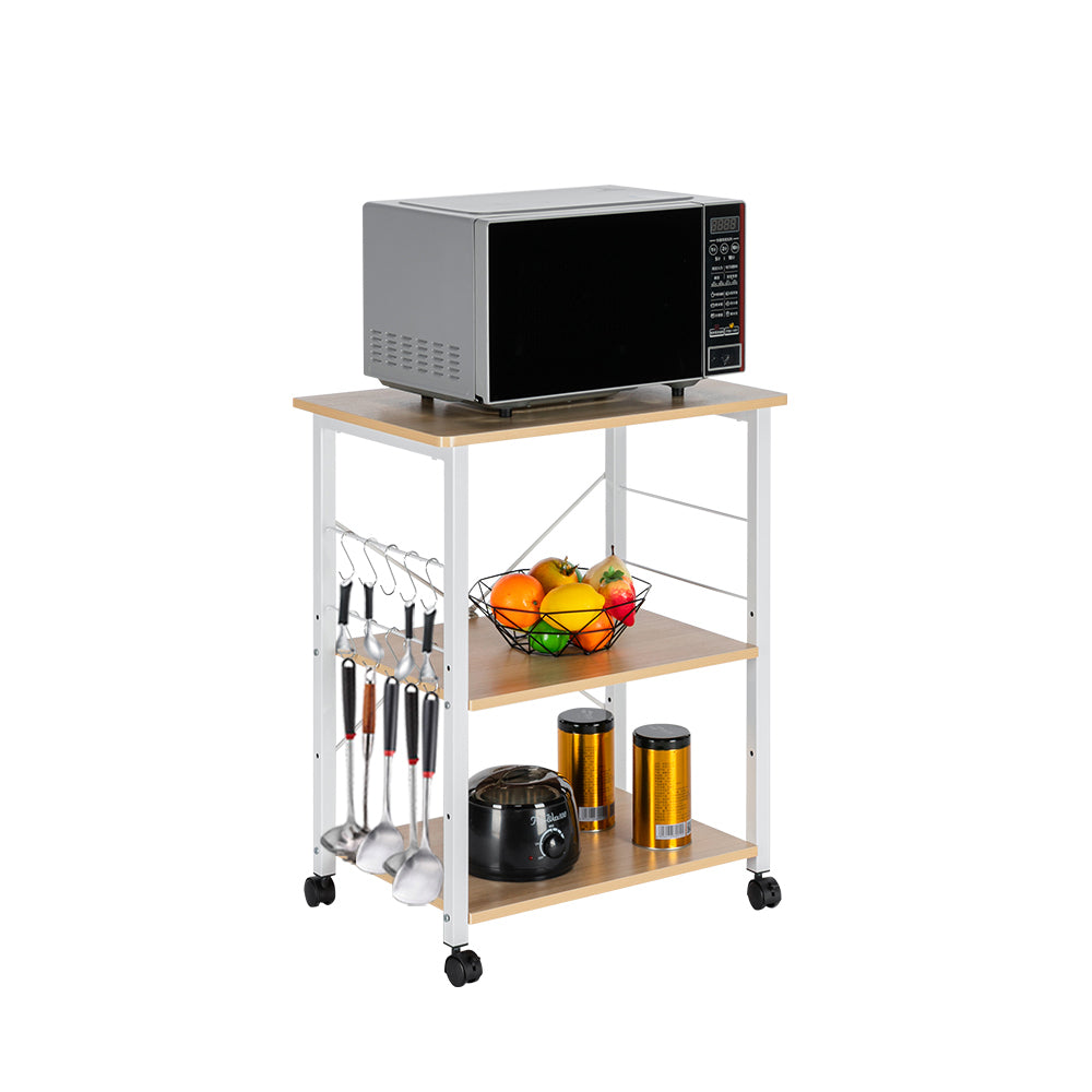 HAOYYE Baker’s Rack 3-Tier Kitchen Utility Microwave Oven Stand Storage Cart Workstation Shelf Light Beige Top White Metal Frame Durable Sturdy Multifunctional Modern Home Organizer Space-Saving Storage Solution for Kitchen