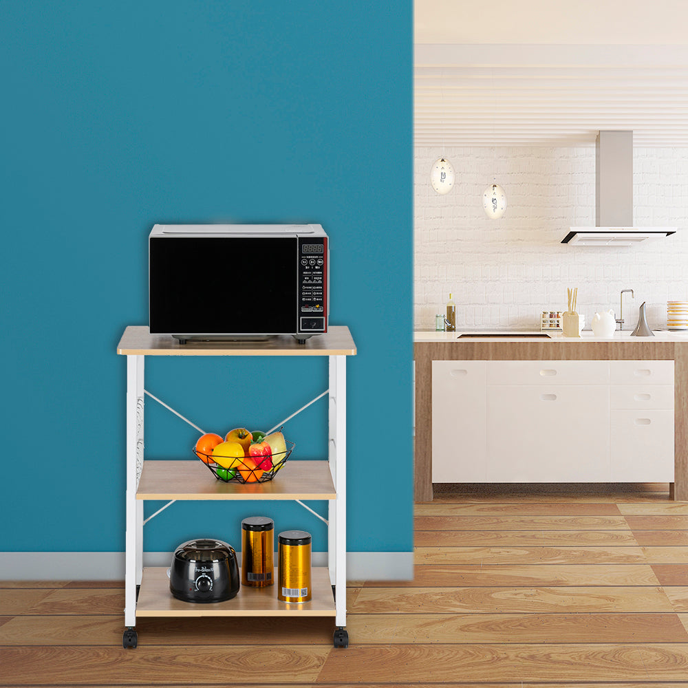 HAOYYE Baker’s Rack 3-Tier Kitchen Utility Microwave Oven Stand Storage Cart Workstation Shelf Light Beige Top White Metal Frame Durable Sturdy Multifunctional Modern Home Organizer Space-Saving Storage Solution for Kitchen