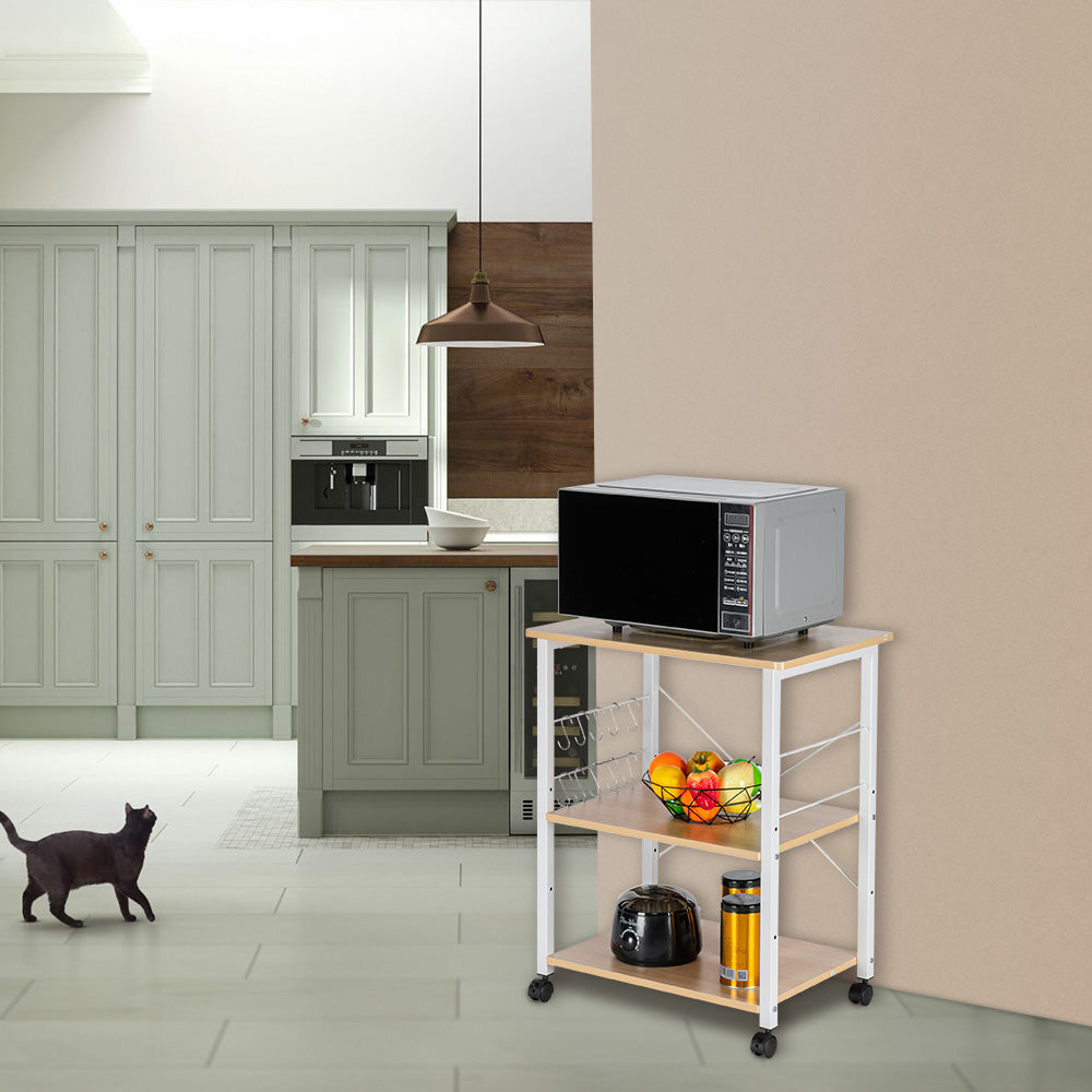 HAOYYE Baker’s Rack 3-Tier Kitchen Utility Microwave Oven Stand Storage Cart Workstation Shelf Light Beige Top White Metal Frame Durable Sturdy Multifunctional Modern Home Organizer Space-Saving Storage Solution for Kitchen